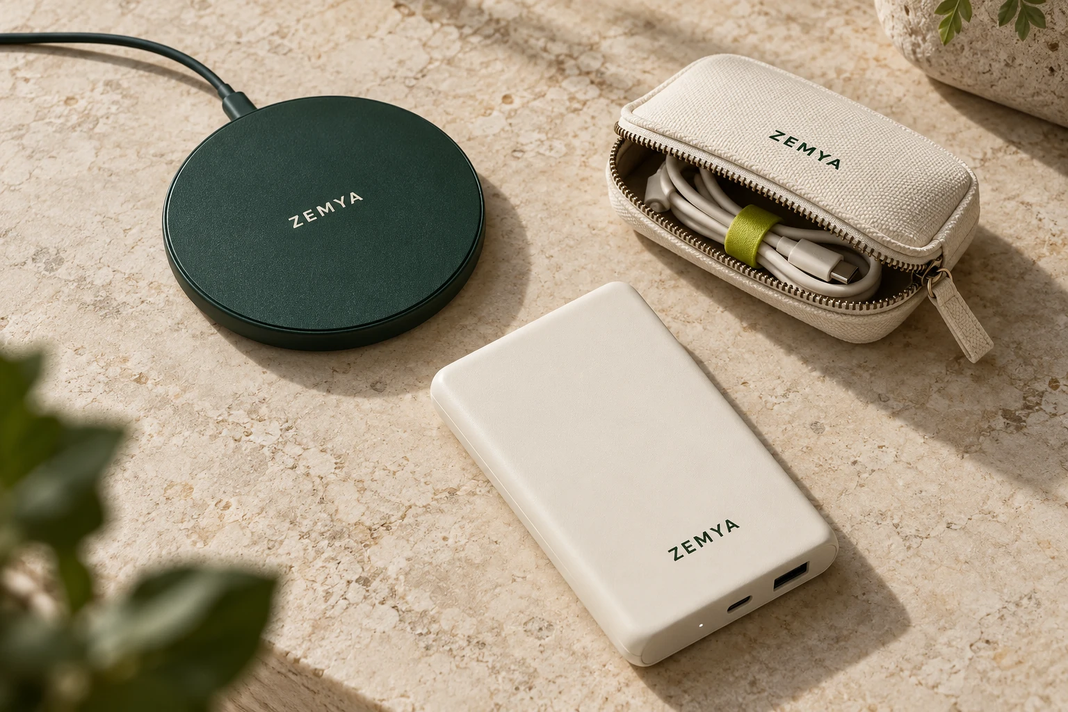 Oplaadpad, kabeltas en powerbank met ZEMYA